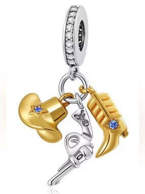 Silver & Gold Cowboy Hat, Pistol, & Cowboy Boot Dangle Charm